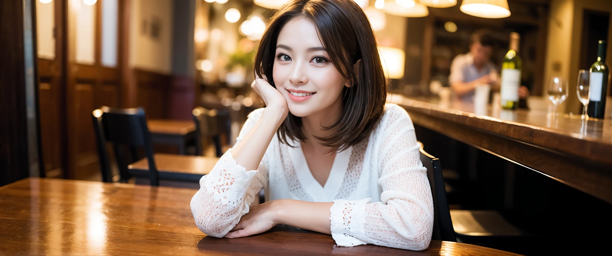 ((highest quality、8k、masterpiece:1.3))、Sharp focus:1.2、Beautiful woman perfect body:1.4、slimなボディ、((Bob Hale、Straight hair:1.2))、(to be born, highest quality, masterpiece:1.5), (Realistic, Intricate details:1.2), Wine on the table、, Put the light on your face、Amazing view of the sunset sky and clouds、Amazing mountain views、ニコニコ明るいsmile、smileの素敵な女性、Bright image、 The beauty of wine, Beautiful Face, blue eyes, The light shines on your face, Blushing, short hair,Bright Face、Fox face、 (42 years old), 39 years old, Lady、red wine 、Appetizers、Italian food、Wine bottle、Champagne、sparkling wine、Two beauties、Brown Hair、Shortcuts、Long sleeve shirt、dress、Pretty Woman 1, (slimな顔), (The body is slim), (Brown Hair), (Shortcuts), cheeks turn a little red,Attractive beauty、, Out of the window, A beautiful and detailed night view unfolds.........., restaurant, In a prominent place (From the waist up) Nova Frog Style, actress, model, Upper Body, White wine, slim, wine glass, 真ん中に置かれたwine glass, smile, (smile: 1.15), Beautiful fine grain, Depth f/2,saturation, High Contrast, Strong light and shadow,Moist Body:1.5、3D texture、Delicate eyes、Brown Hair、The hair is very shiny、