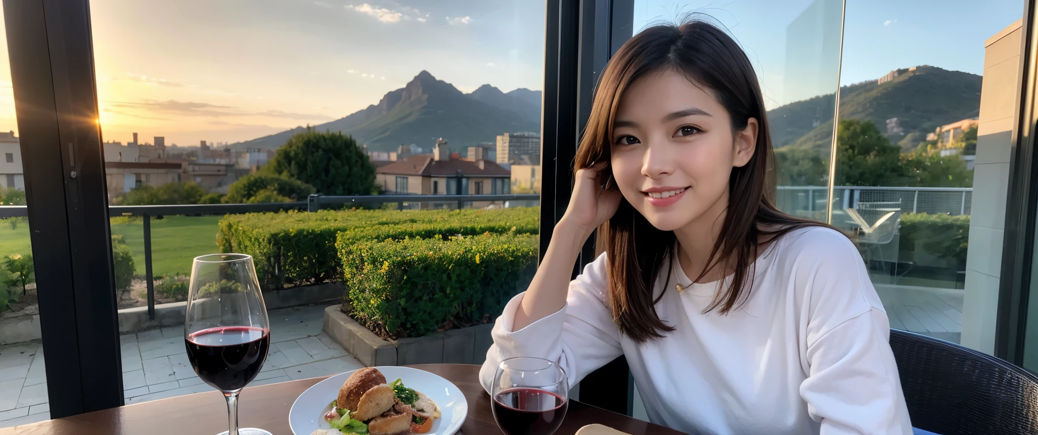 ((highest quality、8k、masterpiece:1.3))、Sharp focus:1.2、Beautiful woman perfect body:1.4、slimなボディ、((Bob Hale、Straight hair:1.2))、(to be born, highest quality, masterpiece:1.5), (Realistic, Intricate details:1.2), Wine on the table、, Put the light on your face、Amazing view of the sunset sky and clouds、Amazing mountain views、ニコニコ明るいsmile、smileの素敵な女性、Bright image、 The beauty of wine, Beautiful Face, blue eyes, The light shines on your face, Blushing, short hair,Bright Face、Fox face、 (42 years old), 39 years old, Lady、red wine 、Appetizers、Italian food、Wine bottle、Champagne、sparkling wine、Two beauties、Brown Hair、Shortcuts、Long sleeve shirt、dress、Pretty Woman 1, (slimな顔), (The body is slim), (Brown Hair), (Shortcuts), cheeks turn a little red,Attractive beauty、, Out of the window, A beautiful and detailed night view unfolds.........., restaurant, In a prominent place (From the waist up) Nova Frog Style, actress, model, Upper Body, White wine, slim, wine glass, 真ん中に置かれたwine glass, smile, (smile: 1.15), Beautiful fine grain, Depth f/2,saturation, High Contrast, Strong light and shadow,Moist Body:1.5、3D texture、Delicate eyes、Brown Hair、The hair is very shiny、