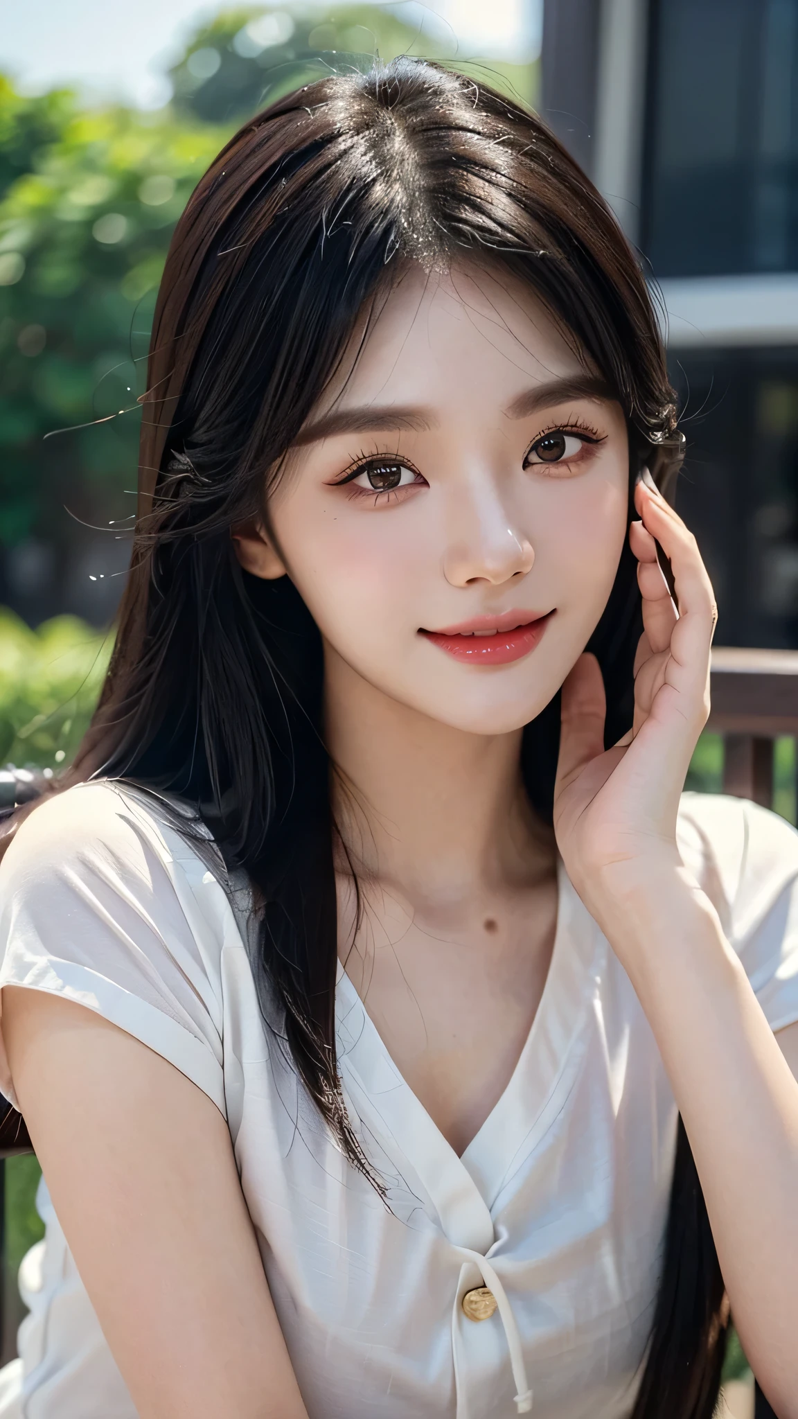 masterpiece、top-quality)、1 beautiful girl、((Wearing black sunglasses )), (Detailed beautiful eyes), ((Detailed skin)) , ((Detailed medium hair)), in the dark、((Boyish Brown Medium Hair))、((Smaller face))、((Neutral face))、((Face seen from the side))、((Light brown eyes))、((Korean Girl))、((18year old))、((cool lady))、((A shy smile on his face))、((Korean Makeup))、((elongated and sharp eyes))、((Happy dating))、((boyish))、((Shot from the same height as your face)、full body , RAW photos, on the white villa ), ((CG rendering)), ((Blurred background)), ((16K)), ((Very detailed)), ((wallpaper)), ((depth of field)), ((movie light)), (( Ray tracing)).