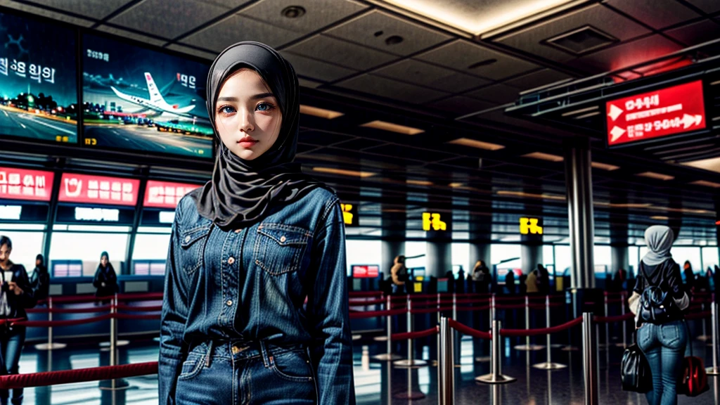 In frame, landscape, (realistic photos of Hijab Korean female, slightly smile,expressive eyes,eye makeup,airport background,standing posture,confident attitude,Eye-Level Shot, slightly blurry background,UHD,masterpiece:1.2,highres,16k), long Jeans