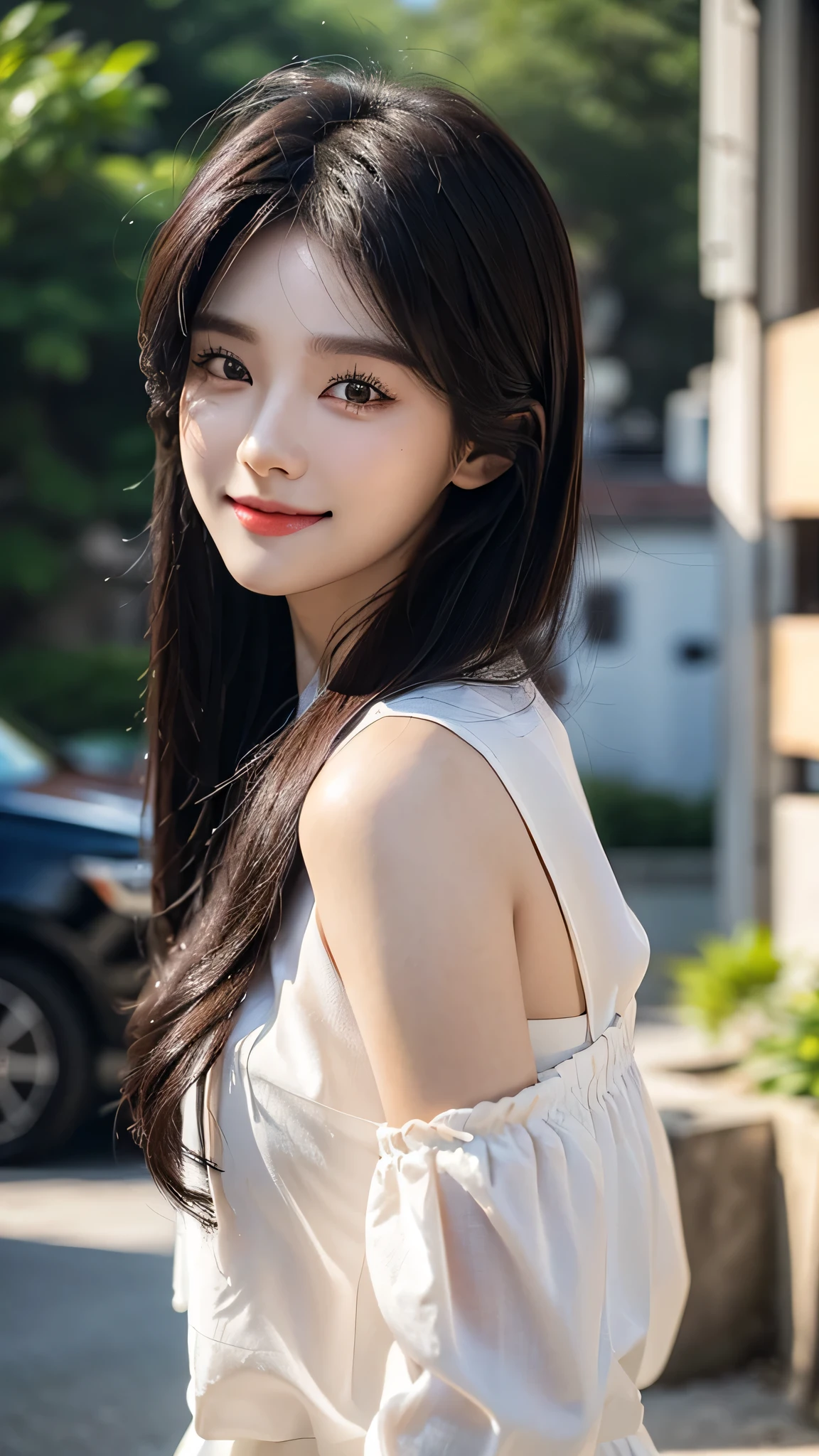 masterpiece、top-quality)、1 beautiful girl、((Wearing black sunglasses )), (Detailed beautiful eyes), ((Detailed skin)) , ((Detailed medium hair)), in the dark、((Boyish Brown Medium Hair))、((Smaller face))、((Neutral face))、((Face seen from the side))、((Light brown eyes))、((Korean Girl))、((18year old))、((cool lady))、((A shy smile on his face))、((Korean Makeup))、((elongated and sharp eyes))、((Happy dating))、((boyish))、((Shot from the same height as your face)、full body , RAW photos, on the white villa ), ((CG rendering)), ((Blurred background)), ((16K)), ((Very detailed)), ((wallpaper)), ((depth of field)), ((movie light)), (( Ray tracing)).