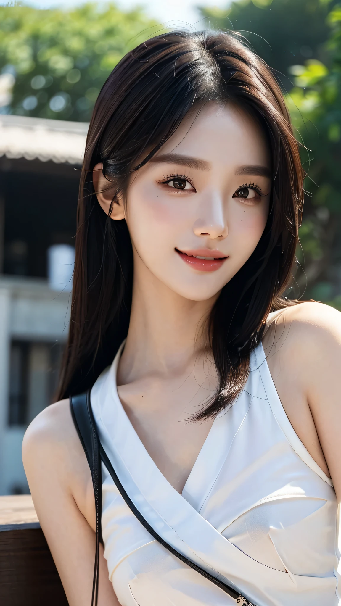 masterpiece、top-quality)、1 beautiful girl、((Wearing black sunglasses )), (Detailed beautiful eyes), ((Detailed skin)) , ((Detailed medium hair)), in the dark、((Boyish Brown Medium Hair))、((Smaller face))、((Neutral face))、((Face seen from the side))、((Light brown eyes))、((Korean Girl))、((18year old))、((cool lady))、((A shy smile on his face))、((Korean Makeup))、((elongated and sharp eyes))、((Happy dating))、((boyish))、((Shot from the same height as your face)、full body , RAW photos, on the white villa ), ((CG rendering)), ((Blurred background)), ((16K)), ((Very detailed)), ((wallpaper)), ((depth of field)), ((movie light)), (( Ray tracing)).