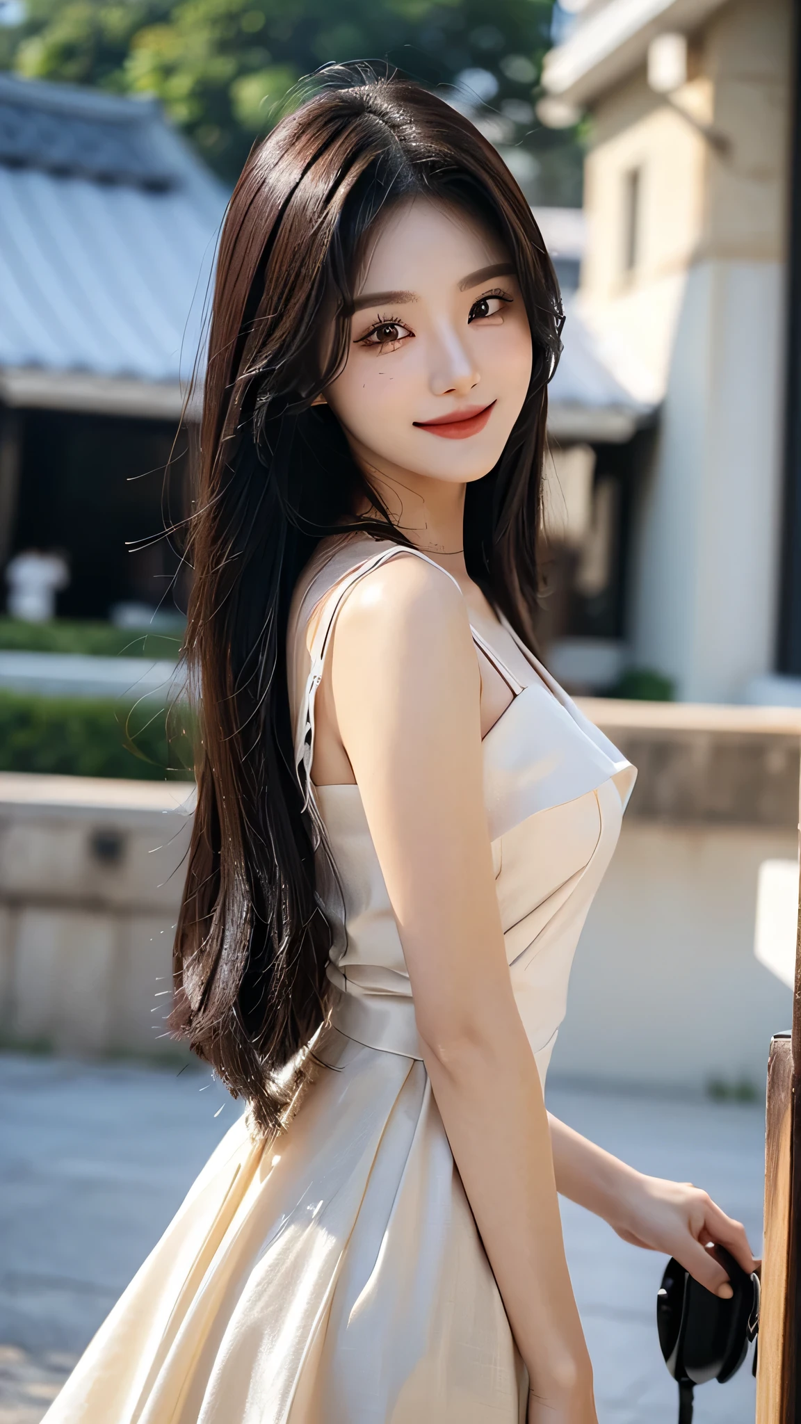 masterpiece、top-quality)、1 beautiful girl、((Wearing black sunglasses )), (Detailed beautiful eyes), ((Detailed skin)) , ((Detailed medium hair)), in the dark、((Boyish Brown Medium Hair))、((Smaller face))、((Neutral face))、((Face seen from the side))、((Light brown eyes))、((Korean Girl))、((18year old))、((cool lady))、((A shy smile on his face))、((Korean Makeup))、((elongated and sharp eyes))、((Happy dating))、((boyish))、((Shot from the same height as your face)、full body , RAW photos, on the white villa ), ((CG rendering)), ((Blurred background)), ((16K)), ((Very detailed)), ((wallpaper)), ((depth of field)), ((movie light)), (( Ray tracing)).