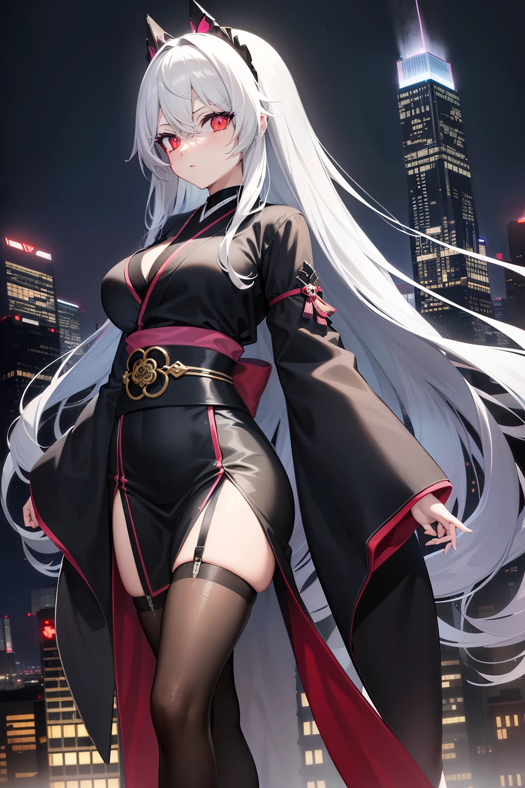 Anime Masterpiece, High contrast, Ultra-detailed, 1 woman (solo, full body, plus size, standing on the edge of the skyscraper, silver hair, LONG flowing like a waterfall, ruby-red eyes, perfect eyes gleaming with stardust, (long black kimono with simple design, black cybernetics with neon pink accents)), Black sheer stockings). (Skyscraper roof, with a city view, detailed background (Night time, darkness, low light pollution)).