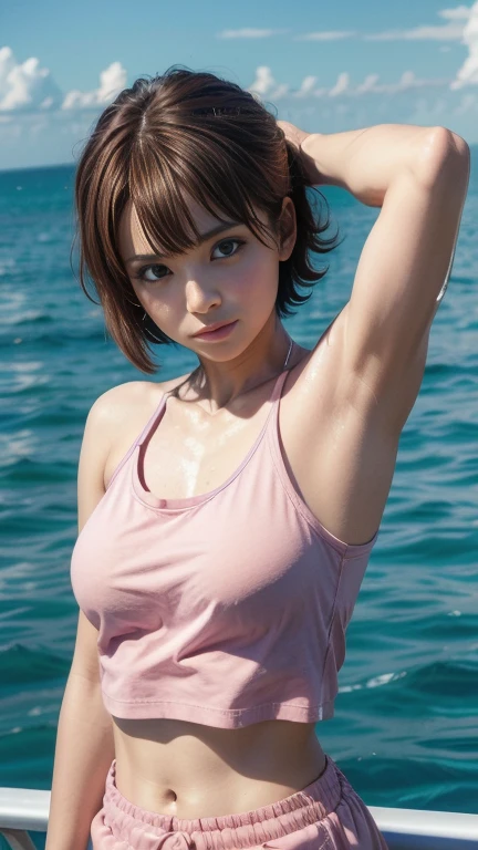 pretty, young, girl, short hair, brown hair, white skin, very small breasts, armpits, armpits visible, sweaty armpits, ocean, wearing pink outfit