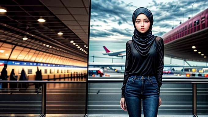 In frame, landscape, (realistic photos of Hijab Korean female, slightly smile,expressive eyes,eye makeup,airport background,standing posture,confident attitude,Eye-Level Shot, slightly blurry background,UHD,masterpiece:1.2,highres,16k), long Jeans
