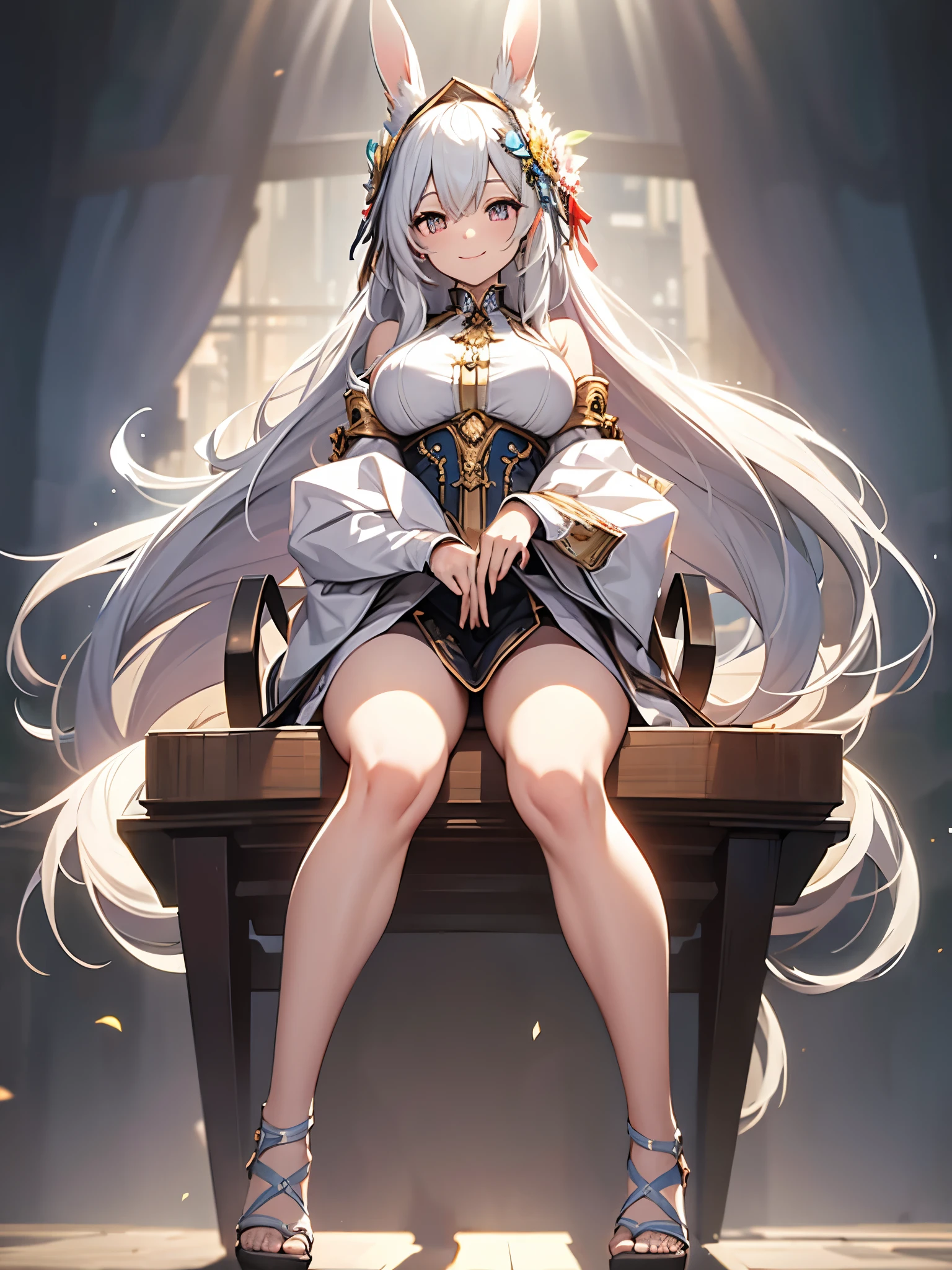 White gradient background,(in a panoramic view:1.2,full bodyesbian:1.2),1个Giant Breast Girl,anatomy correct,headdress,Very long detailed hair,smile,Rabbit pattern clothes,, strappy sandals ,Beautiful and detailed HEELS , perfectly proportions,extremelydetailedface,(Best quality at best,high detal,tmasterpiece,offcial art,movie light effect,4K)
