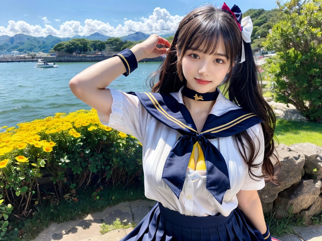 (((very heavy chest))),NSFW, 16k raw photos, highest quality, masterpiece, ultra high resolution, ((She is wearing Beautiful exposed redShe is wearing (a high school sailor uniform).
(navy sailor collar:1.4),(white shirt:1.4),(navy pleats skirt:1.4),(navy bow:1.4))).movie, ((2 girls, , 2 schoolgirls)),((attractive expression)),eyes shine、 looking at the viewer, natural skin texture very heavy chest))),((( metal black ribbon around the neck))).star handle mold、((yellow eyes)),Realistic eye and face details, lip whole, lipstick makeup), fluffy ponytail hair, laughter, Beautiful feet, tall woman, ((glowing skin)),((Beautiful armpit)), slim_feet, huge breasts, cleavage, beautiful natural places, beautiful flower garden、(detailed background,highly exposed, huge breasts, blurred background,, JK ribbon on the neck, jk ribbon, golden hair, bracelet, water, bangs, split your lips、armpit、beautiful hip line、glowing skin、(((eyes shine brightly))),lotion skin、High leg、((black hair)),highly exposed、Skimpy pink luxury fur coat、beautiful sea background、wind effect、