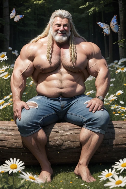 Hyperrealistic image of an old blonde guitarist superhero playing guitar sitting on a hippie log surrounded by many butterflies with very long curly gray hair braided with flowers in his hair A super heavy bodybuilder smiling flexing his muscles A full body obese bodybuilder with a very sweaty body An extremely old man, muscular and extremely fat over 70 years old weighing over 600 pounds, hombre musculoso muy peludo con piernas muy grandes, very sagging pectorals dark nipples and gynecomastia in a field of daisies with torn jean shorts and bare feet.