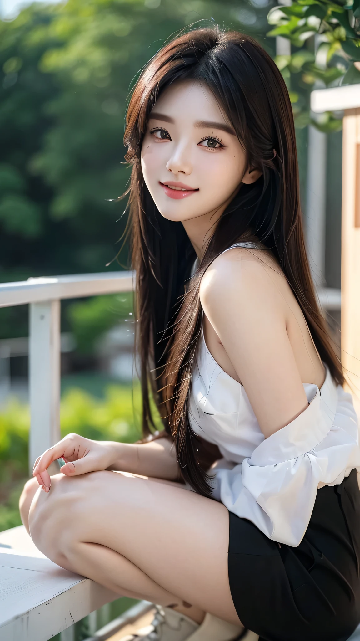 masterpiece、top-quality)、1 beautiful girl、((Wearing black sunglasses )), (Detailed beautiful eyes), ((Detailed skin)) , ((Detailed medium hair)), in the white villa、((Boyish Brown Medium Hair))、((Smaller face))、((Neutral face))、((Face seen from the side))、((Light brown eyes))、((Korean Girl))、((18year old))、((cool lady))、((A shy smile on his face))、((Korean Makeup))、((elongated and sharp eyes))、((Happy dating))、((boyish))、((Shot from the same height as your face)、full body , RAW photos, on the white villa ), ((CG rendering)), ((Blurred background)), ((16K)), ((Very detailed)), ((wallpaper)), ((depth of field)), ((movie light)), (( Ray tracing)).