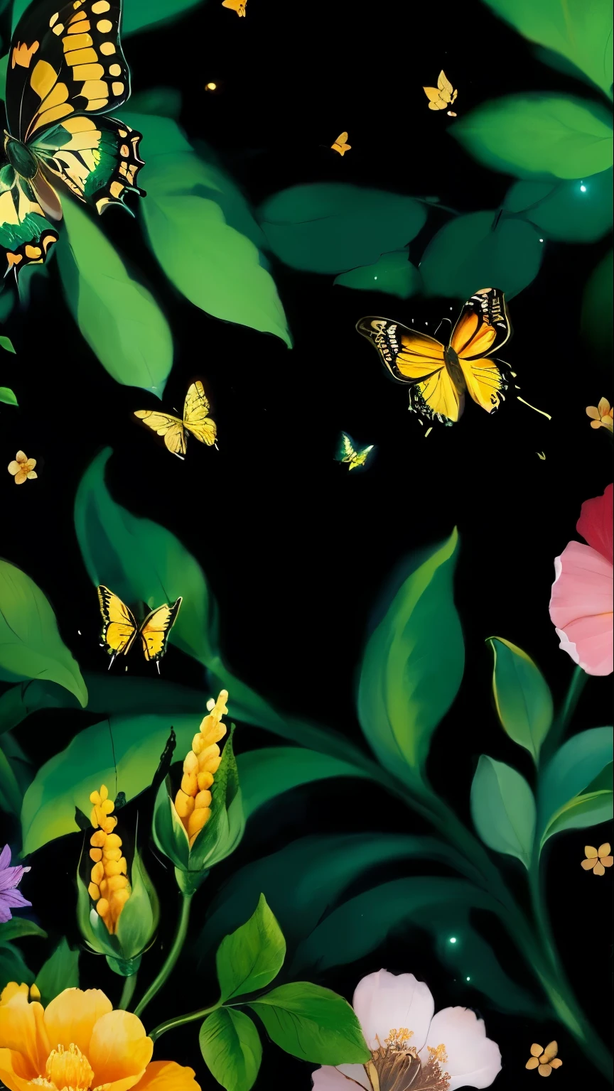 There are many butterflies and flowers on a black background, painting big bees flying around, Inspired by Henri Rousseau, Inspired by Maria Sibylla Merian, Jungle vines and fireflies, among wonderful golden fireflies, Jan van Kessel Jr. (Jan van Kessel the Younger) of inspiration, Jan van Kessel the Elder (Jan van Kessel) of inspiration, Cozy night fireflies, firefly forest at night