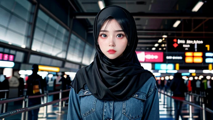 In frame, landscape, (realistic photos of Hijab Korean female, slightly smile,expressive eyes,eye makeup,airport background,standing posture,confident attitude,Eye-Level Shot, slightly blurry background,UHD,masterpiece:1.2,highres,16k), long Jeans