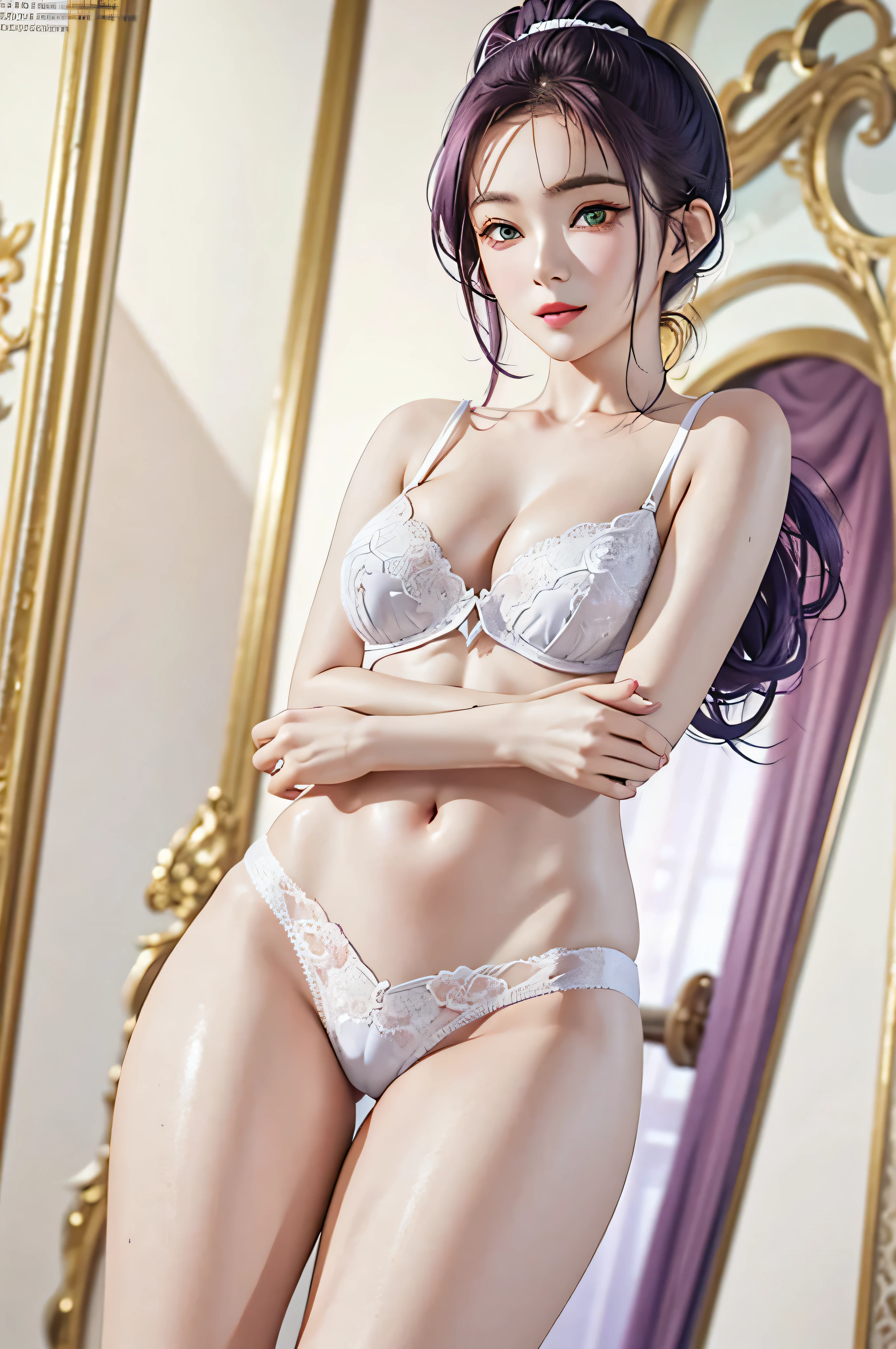 (Finest quality)),(A high resolution),(ultra-detailed art),(Meticulous portrayal),((Best Anime)),(Finest works of art),sharpness,Clear,Ultra-Precision Art,The art of astounding depiction,(masterpiece),
short Hair ponytail, short ponytail, purple hair, vibrant purple hair, extremely detailed hair, detailed bangs, with bangs,
pretty face, beautiful lips, soft lips,pretty face, close up face,serious face, pretty nose, beautiful nose,
pretty eyes, beautiful eyes, detailed eyes, perfect eyes, green eyes,
happy, jolly, smiling,
clear skin,white skin, soft skin, medium bust, medium breasts, smooth skin,
korean girl, korean beauty, irene, red velvet irene,
detailed lingerie, perfect lingerie, side boob, half-naked, perfect body, gravure model,
cool pose, full body, detailed thighs, detailed legs,
super high-angle shot, no background,looking at camera,