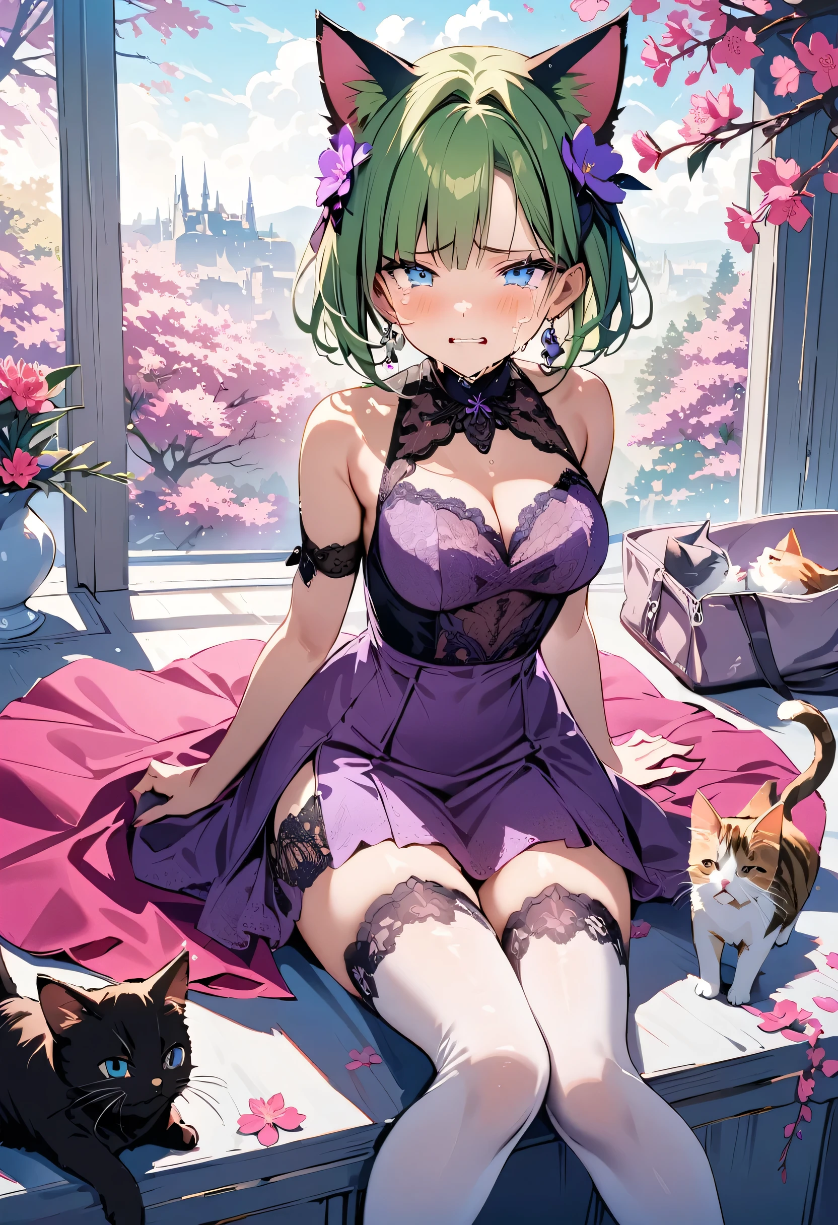 masterpiece, best quality, novel illustration, highres, 18+ mature content, sensual, intimate, emotional, passionate, romantic, sweet, endearing, innocent, pure, captivating, alluring, enticing, mysterious, enchanting, captivating, immersive, mesmerizing, dreamlike, surreal, imaginative, whimsical, artistic, avant-garde, timeless, elegant, sophisticated, chic, refined, unique, original, mesmerizing,1girl,deltamon_beta, solo, blue eyes, thighhighs, animal ears, bare shoulders, blue tail, earrings,detached sleeves, green hair, sleeveless, cat ears, bag, white thighhighs, cat tail,pink backpack,pink randseru,Lavender Lace: A lavender lace dress with a Peter Pan collar, paired with ivory tights and Mary Jane shoes.,Cherry blossom viewing, Azalea, Satsuki, Azalea blizzard,
Rest ((Avoided by ((kitten)), crying face))