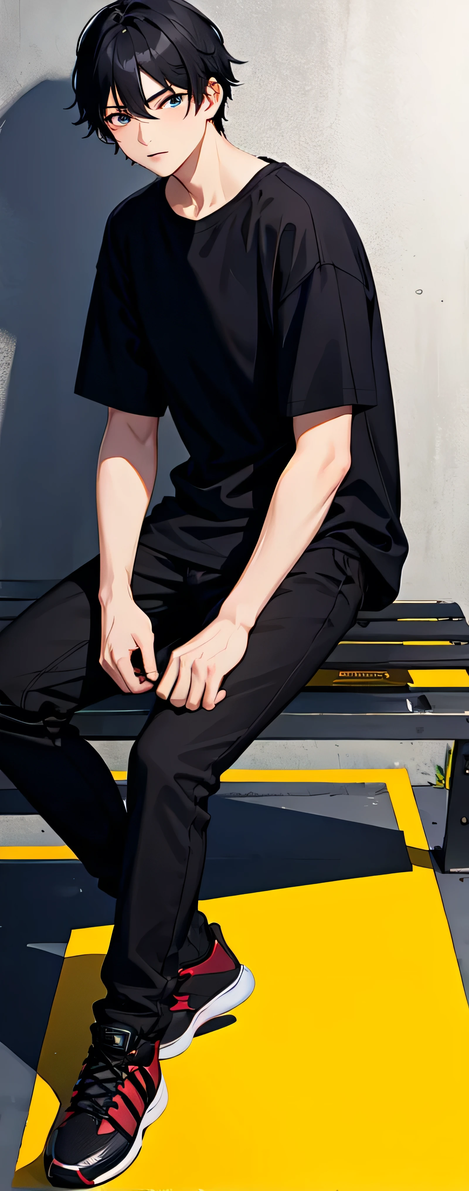 1boy, black hair, black T-Shirt, half side angle, half body potrait, sit on bench, look you, party background