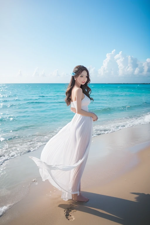 White sand beach、Wavy、Beautiful sea、Blue sky、South Country、8hair、highest quality、Realistic
