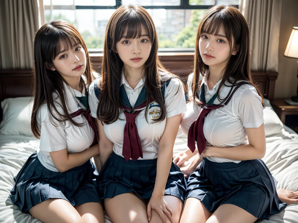(RAW photo, 4k, masterpiece, high resolution, extremely complex) (realistic: 1.4), cinematic lighting
((2 girls, 2 schoolgirls)),Slam Dunk's,blushing,((innocent)),(Dark makeup),bright eyes,round eyes,blunt bangs,(straight hair:1.3),black hair,large breasts,wide hips,Summer Noon, 20 year old girl、cute type、ta,Hot, (Best Quality), (Highres), (an Extremely Delicate and Beautiful),(Beautiful 8k face),(Brown eyes),short bob hair,( spectators),(gigantic breasts),(Play with each other,Touching each other's bodies,Touching the body),(Japanese high school uniform:1.3),blue skirt,(reality),bright lighting,(The background is a luxury hotel room)