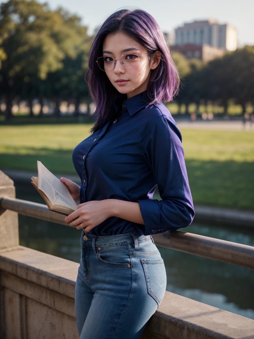 (1 lady), (Best quality at best:1.4), (ultra - detailed), (extremely detailed CG unified 16k), A Beautiful Woman with Perfect Figure: 1.4, Sharp Focus: 1.2, purple hair, very detailed, High-definition RAW color photo, professional photoshooting, amazing face and eyes, cosmetics, (amazingly beautiful girl), ((kotomi)), ((exact clothes: short blue jeans, navy blue shirt, holding book, glasses)), (looking cute, immerse in her own thoughts expression), (City park, extremely detailed background, realistic background, first date vibes), (look from above, looking at viewer), realistic cinematic face, head to feet long wide zoomed out view, full body long view, photorealistic, ((realistic natural purple hair style, purple eyes)), gorgeous, extremely beautiful face, pretty face, delicate girl, skinny but in good shape, perfect model beauty, pout mouth, Highly Detailed Face and Skin Texture, Detailed Eyes, Double Eyelids, Medium size breasts, shy but motivated expression, (masterpiece), best quality, high resolution, extremely detailed, cinematic lighting, amazing legs, clear and well-cared skin, (milky pale skin, white skin like milk)