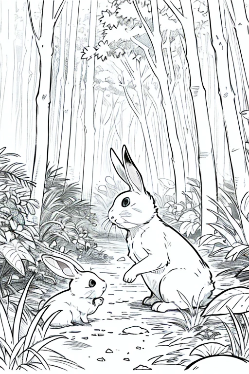white baby rabbits playing in a forest, drawing style well defined black lines, rostros bien definidos, estilo libro para colorear, sin color de fondo, apto para colorear. Sin personas. line art