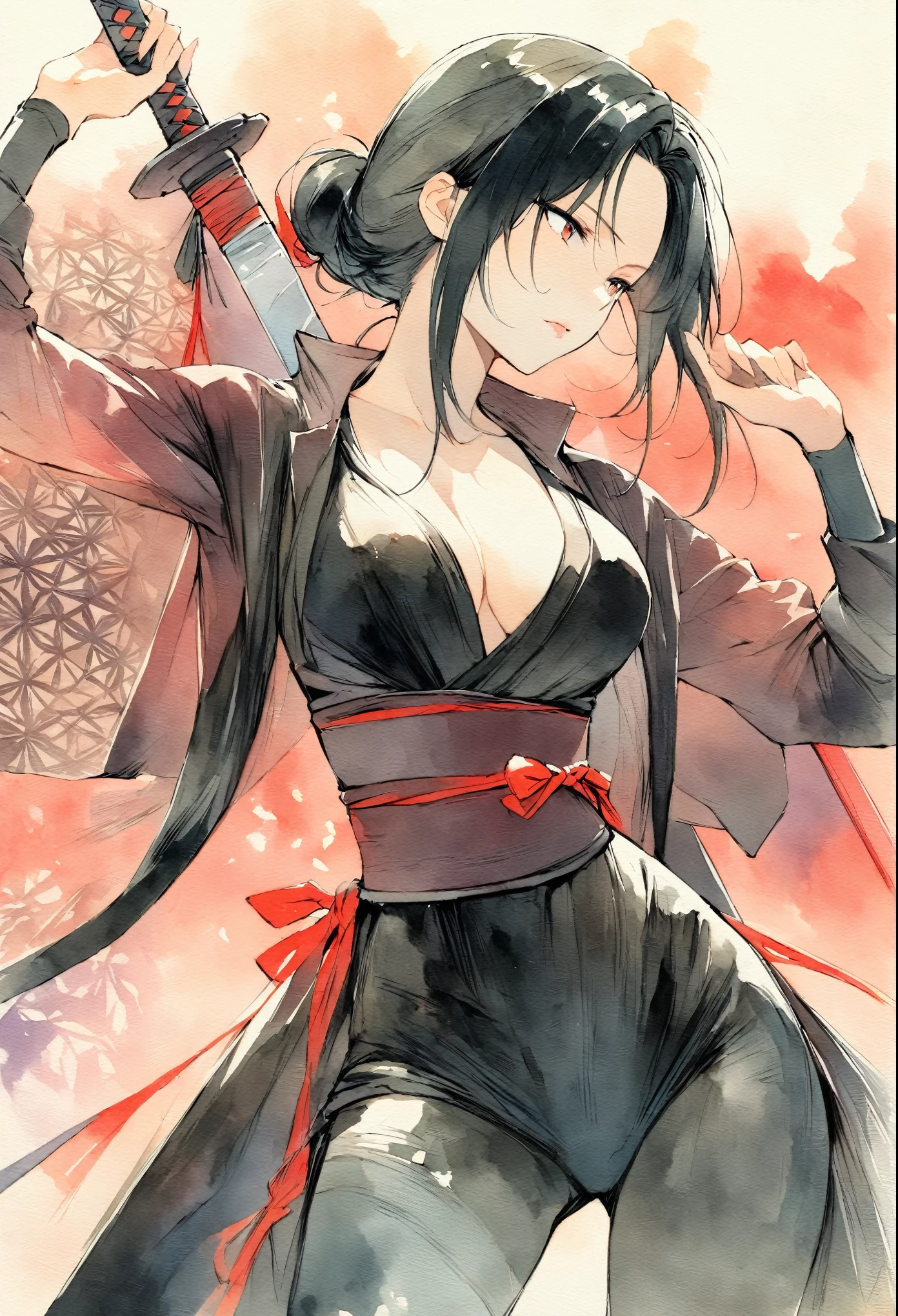 masterpiece, Best quality, Drawing of a black-haired futuristic female ninja illustration, watercolor (medium), 1girl, breast, Dressed in sophisticated modern ninja costumes，Equipped with traditional and technological weapons. She has long black hair，Tied with a red ribbon and a symbol。She must be wearing a high-end black outfit with red accents，These include letters. She was holding a sword，The hilt and scabbard have intricate patterns. The background is the Edo period, Five fingers.