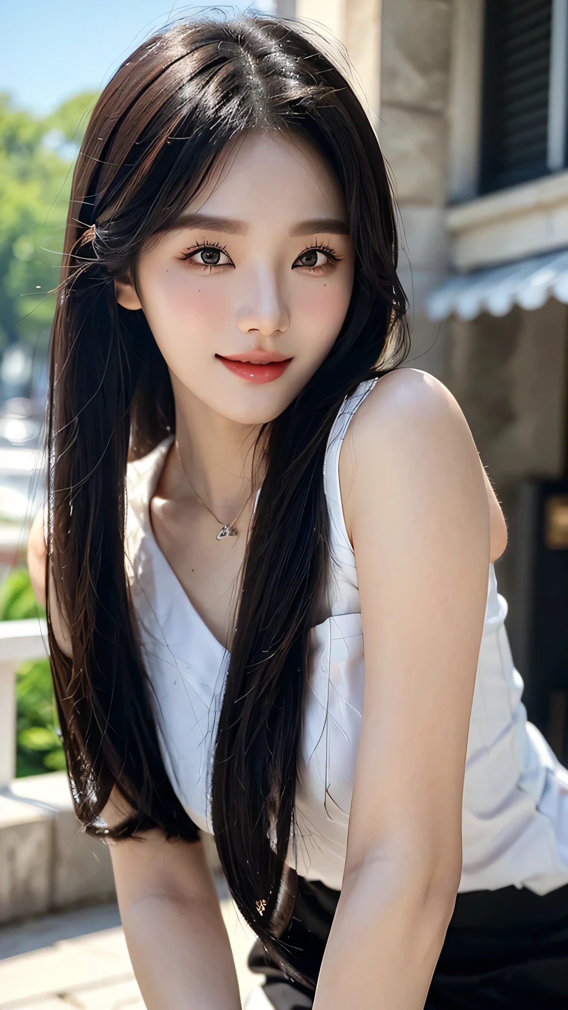 ​masterpiece、top-quality)、1 beautiful girl、((Wearing black sunglasses )), (Detailed beautiful eyes), ((Detailed skin)) , ((Detailed medium hair)), in the white villa、((Boyish Brown Medium Hair))、((Smaller face))、((Neutral face))、((Face seen from the side))、((Light brown eyes))、((Korean Girl))、((18year old))、((cool lady))、((A shy smile on his face))、((Korean Makeup))、((elongated and sharp eyes))、((Happy dating))、((boyish))、((Shot from the same height as your face)、full body , RAW photos, on the white villa ), ((CG rendering)), ((Blurred background)), ((16K)),  ((Very detailed)), ((wallpaper)), ((depth of field)), ((movie light)), (( Ray tracing)).