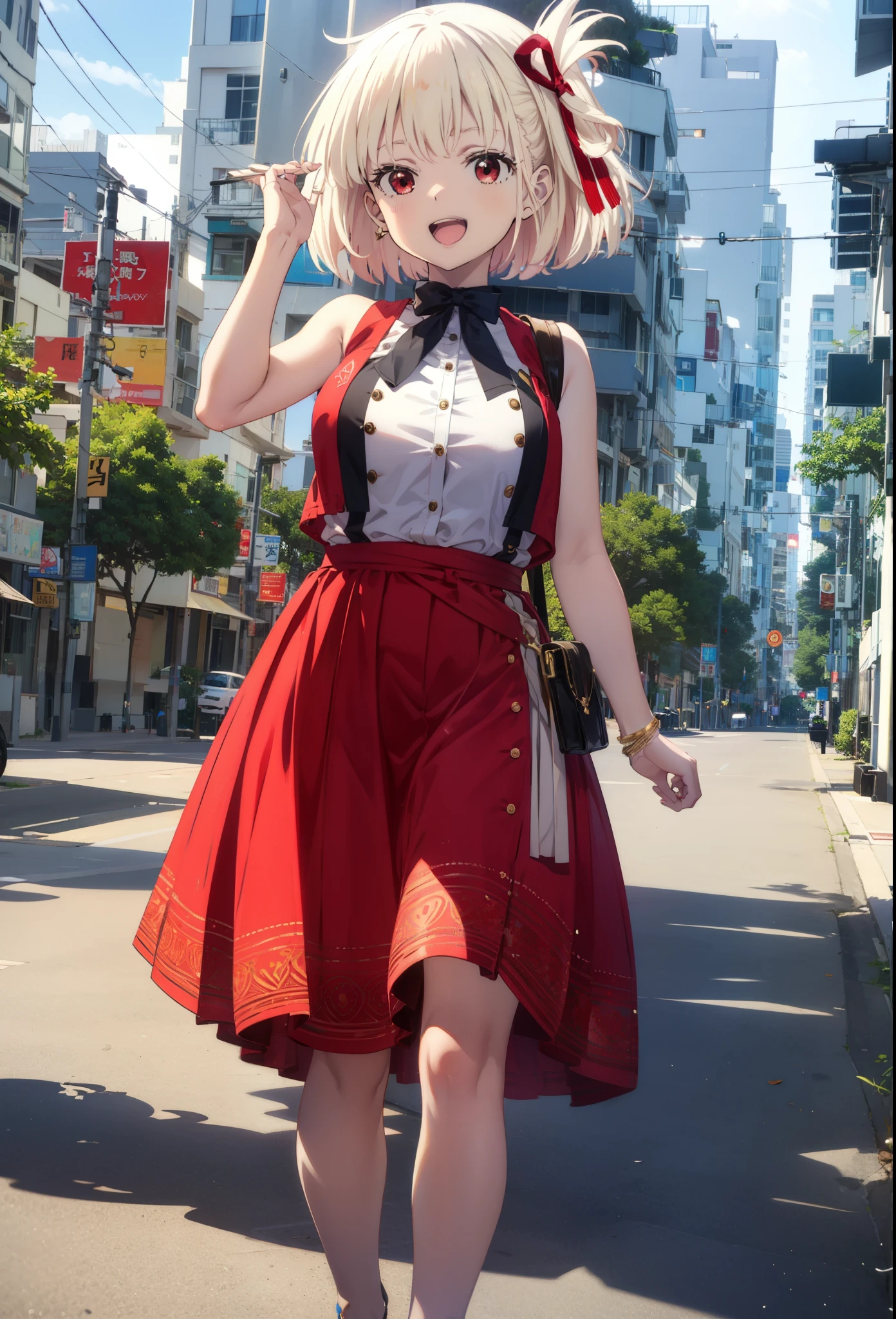 chisatonishikigi, Chisato Nishikigi, short hair, bangs, blonde, (Red eyes:1.5), Hair Ribbon, One side up, Bobcut,happy smile, smile, Open your mouth,
Open your mouth, Red sleeveless dress,Bare arms,Red long skirt,Cute Sandals,whole bodyがイラストに入るように,Walking,Daytime,sunny, walk,Looking up from below,break looking at viewer,whole body,break outdoors, In town,Coastal Road, break (masterpiece:1.2), highest quality, High resolution, unity 8k wallpaper, (shape:0.8), (Beautiful details:1.6), Highly detailed face, Perfect lighting, Extremely detailed CG, (Perfect hands, Perfect Anatomy),