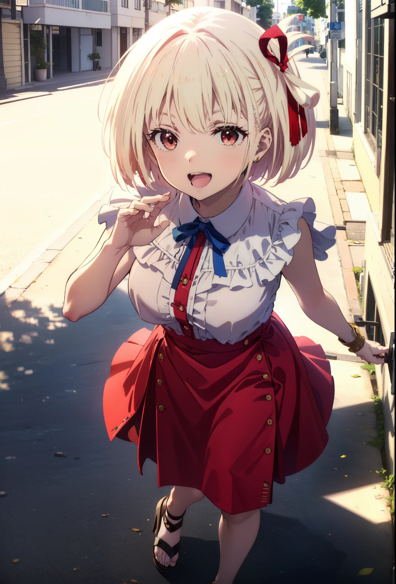 chisatonishikigi, Chisato Nishikigi, short hair, bangs, blonde, (Red eyes:1.5), Hair Ribbon, One side up, Bobcut,happy smile, smile, Open your mouth,
Open your mouth, Red sleeveless dress,Bare arms,Red long skirt,Cute Sandals,whole bodyがイラストに入るように,Walking,Daytime,sunny, walk,Looking up from below,break looking at viewer,whole body,break outdoors, In town,Coastal Road, break (masterpiece:1.2), highest quality, High resolution, unity 8k wallpaper, (shape:0.8), (Beautiful details:1.6), Highly detailed face, Perfect lighting, Extremely detailed CG, (Perfect hands, Perfect Anatomy),