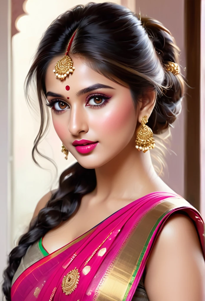 perfect pink eyes, fantastic face, Indian, beautiful look, ((red lips, bright eyes, 1.5)), ((beautiful details medium breast )), (Straight round and ultra medium clevage, not sagging breast), A glorious gorgeous, glorious gorgeous face, pretty face, bright eyes, detailed elegant printed gold plated red saree, elegant hair in messi bun , messy hair locks blurred gray tones background, ultra focus, face ilumined, face detailed, 8k resolution, painted, dry brush, brush strokes, razumov style and garmash style, by Tokaito, ((Full Open )), full body, sexy open thin belly, pink shade in cheeks, pink eyeshadow, heavy black long eyelashes, pink lips.