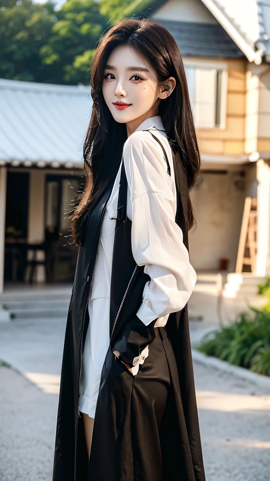 masterpiece、top-quality)、1 beautiful girl、((Wearing black sunglasses )), (Detailed beautiful eyes), ((Detailed skin)) , ((Detailed medium hair)), in the white villa、((Boyish Brown Medium Hair))、((Smaller face))、((Neutral face))、((Face seen from the side))、((Light brown eyes))、((Korean Girl))、((18year old))、((cool lady))、((A shy smile on his face))、((Korean Makeup))、((elongated and sharp eyes))、((Happy dating))、((boyish))、((Shot from the same height as your face)、full body , RAW photos, on the white villa ), ((CG rendering)), ((Blurred background)), ((16K)), ((Very detailed)), ((wallpaper)), ((depth of field)), ((movie light)), (( Ray tracing)).