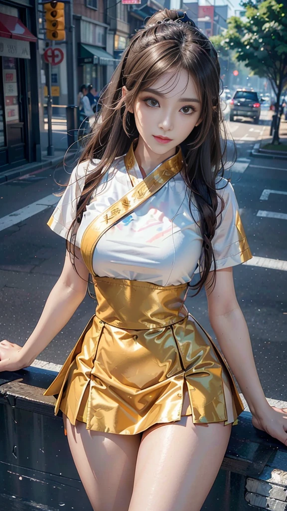 (highest quality),8k,(masterpiece:1.3),(1 girl:1.3),(Medium chest:1.3),Actual,High resolution,Highly detailed faceと肌の質感,Actual faces,Original photo,((Beautiful Face:1.5)),(Beautiful woman:1.4),Perfect figure,Whitening the skin,有Light泽的皮肤,((Highly detailed face)),Attention to detail,double eyelid,Eyeshadow Enhancement,Eye on the details,Professional Lighting,影院灯Light,Sharp focus,((Sporty style)),((Light, Light-colored clothing)),Brightly colored T-shirts,Short skirt,((Vibrant,positive,Vibrant)),(()),((Show off your thighs)),(disciple:1.3),on the road