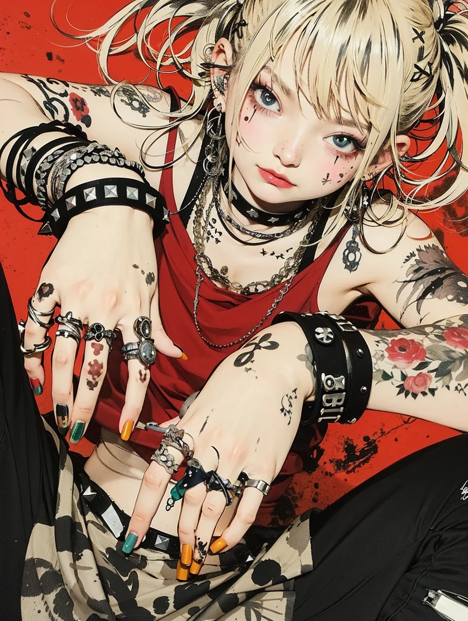 masterpiece, ultra detailed, hyper detailed, insanely detailed, detailed, high quality, best quality, exquisite, beautiful, woman, shy, wink, making a V sign, looking at viewer, black hair, big eyes, slant eyes, wide-eyed, heterochromia, with heart-shaped pupils, wheatish skin, skirt, choker, with a tattoo, piercing, beauty mark, freckles, blush, nail polish, long hair, twintail, very long hair, long hair, twintails, spiked hair, flipped hair, ahoge, shiny hair, wavy hair