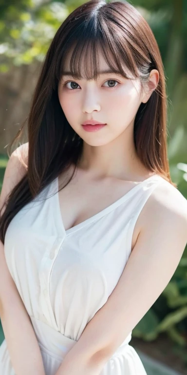 masterpiece, highest quality, 8k, 20th Generation, Big Breasts, cute, alone, sad, cute, Girlish, cute、Delicate girl, Pure beauty,  RAW Photos, Professional photography, Portraiture, Soft Light, Professional Lighting, Backlight, Upper Body, avert your eyes, Sophisticated, Film Grain, (Round face、Young Face、Thin eyebrows、Thin lips:1.0), Floating Hair, beautiful, Flowing hair, bangs, White blouse、pastel cardigan、(Big Breasts:1.2)、You can see the chest a little、Micro Mini Skirt、Voluptuous thighs、dolly make、Heterochromia iridis、Left and right eyes are different colors、Midsummer sky、Cumulonimbuidsummer Beach