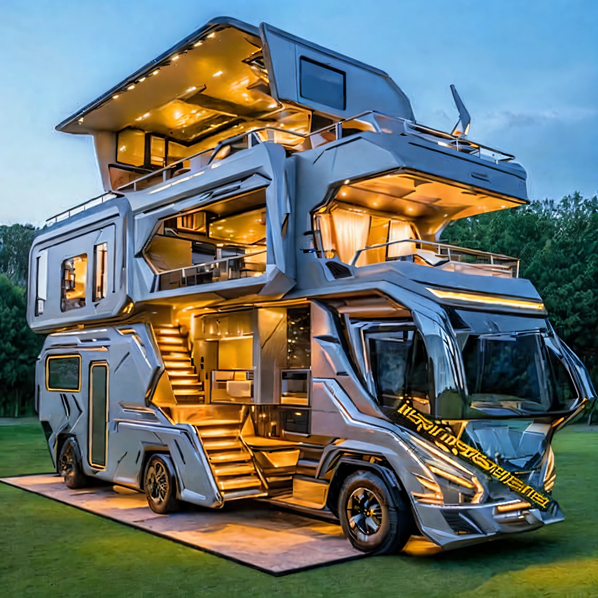 a close up of a bus parked on a field with stairs, very futuristic, hyper luxurious, luxury lifestyle, luxurious, next to an rv, by Niko Henrichon, majestic and futuristic, 2022, beautiful masterpiece, stunning high tech, tiny house, rv, futuristic design, great masterpiece, cybertruck, very expensive