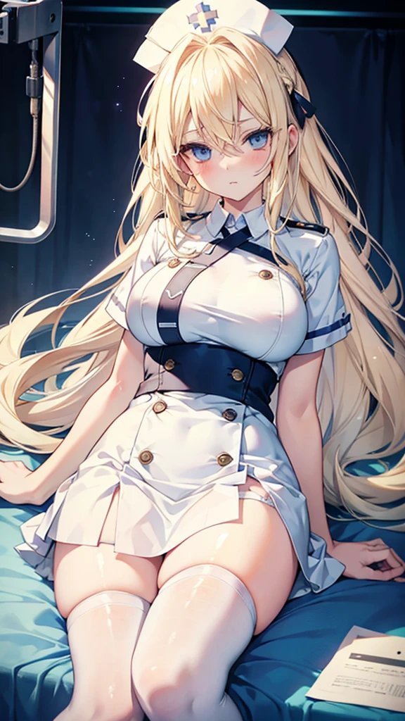 Blonde hair and blue eyes　Long Hair　Fairy　Big Breasts　beauty　cute　highest quality　Troubled face　erotic　hospital　White mini skirt nurse　slit　White Stockings　Nameplate