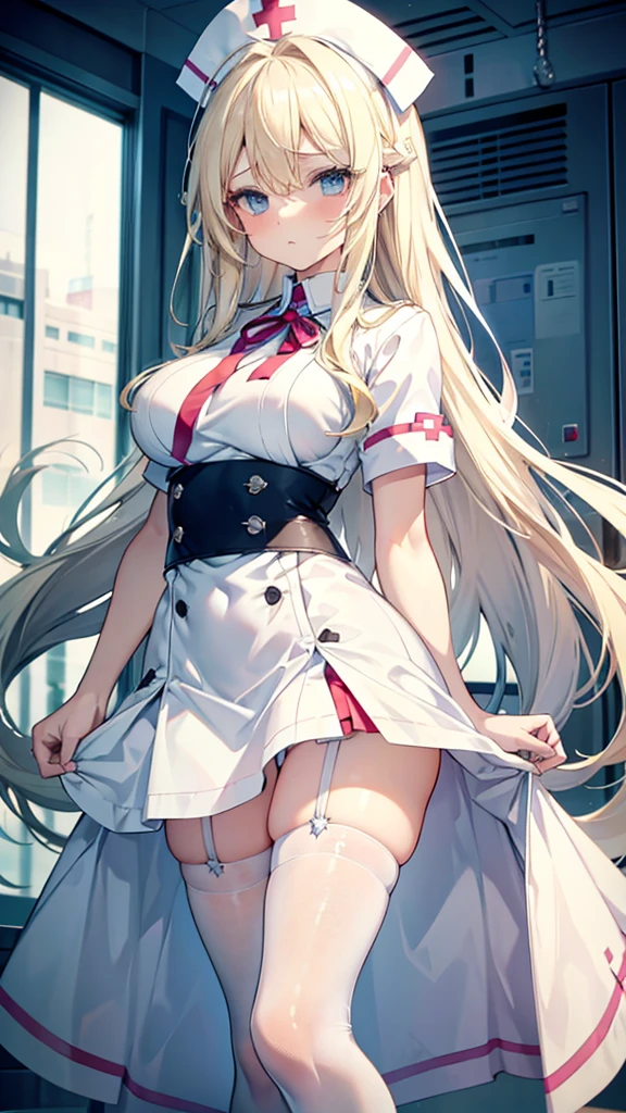 Blonde hair and blue eyes Long Hair Fairy Big Breasts beauty cute highest quality Troubled face erotic hospital White mini skirt nurse slit White Stockings Nameplate