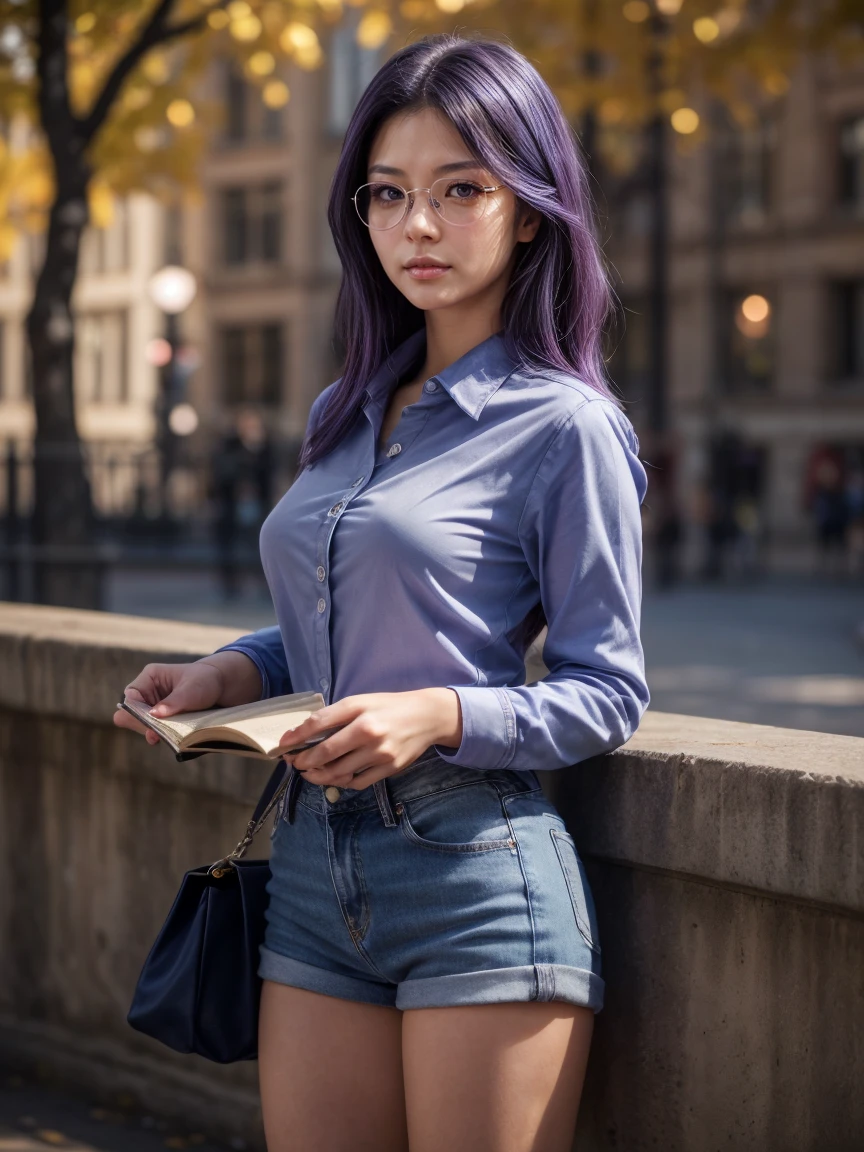 (1 lady), (Best quality at best:1.4), (ultra - detailed), (extremely detailed CG unified 16k), A Beautiful Woman with Perfect Figure: 1.4, Sharp Focus: 1.2, purple hair, very detailed, High-definition RAW color photo, professional photoshooting, amazing face and eyes, cosmetics, (amazingly beautiful girl), ((kotomi)), ((exact clothes: short blue jeans, navy blue shirt, holding book, glasses)), (looking cute, immerse in her own thoughts expression), (City park, extremely detailed background, realistic background, first date vibes), (look from above, looking at viewer), realistic cinematic face, head to feet long wide zoomed out view, full body long view, photorealistic, ((realistic natural purple hair style, purple eyes)), gorgeous, extremely beautiful face, pretty face, delicate girl, skinny but in good shape, perfect model beauty, pout mouth, Highly Detailed Face and Skin Texture, Detailed Eyes, Double Eyelids, Medium size breasts, shy but motivated expression, (masterpiece), best quality, high resolution, extremely detailed, cinematic lighting, amazing legs, clear and well-cared skin, (milky pale skin, white skin like milk)