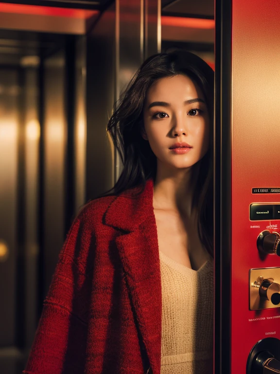 (​masterpiece:1.3), (8K, Photorealsitic, Raw photography, top-quality: 1.4), (1girl in), (A pretty woman with slim figure:1.4), enigmatic beauty, stunning face, beautiful countenance, (Lifelike face), Beautiful hairstyle, Black hair, Long hair, Wavy hairstyle, realisticeyes, beautiful detail, (real looking skin), Beautiful skins, enticing, The ultra -The high-definition, A hyper-realistic, ighly detailed. Leaving elevator, Is walking. (Red long woolen coat #(G: 30, R: 255, B: 30): 1.4), (White dress #(G: 255, R: 255, B: 255): 1.2), (Red high heel #(G: 30 R: 255, B: 30): 1.2), (Red long woolen coat #(G: 30, R: 255, B: 30): 1.4). Background: (the elevator hall has skin-tone marble wall #(G: 218, R: 255, B: 182): 1.3), inside the elevator is warm light