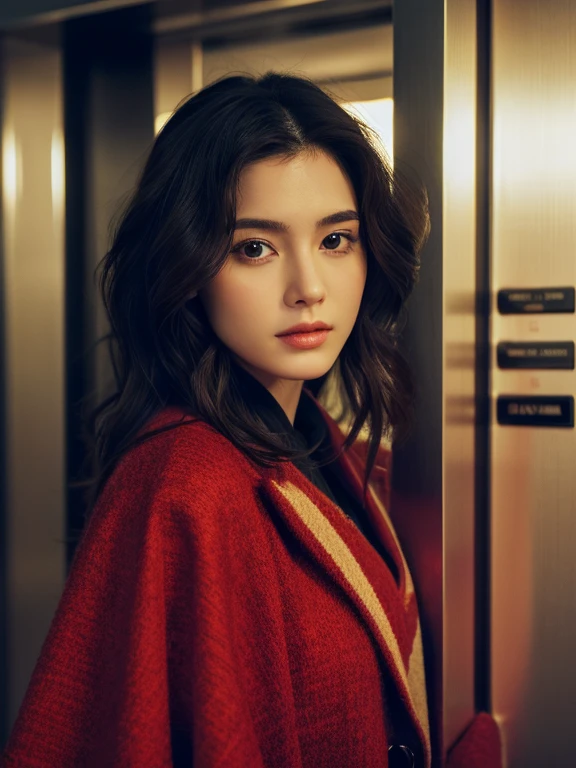 (​masterpiece:1.3), (8K, Photorealsitic, Raw photography, top-quality: 1.4), (1girl in), (A pretty woman with slim figure:1.4), enigmatic beauty, stunning face, beautiful countenance, (Lifelike face), Beautiful hairstyle, Black hair, Long hair, Wavy hairstyle, realisticeyes, beautiful detail, (real looking skin), Beautiful skins, enticing, The ultra -The high-definition, A hyper-realistic, ighly detailed. Leaving elevator, Is walking. (Red long woolen coat #(G: 30, R: 255, B: 30): 1.4), (White dress #(G: 255, R: 255, B: 255): 1.2), (Red high heel #(G: 30 R: 255, B: 30): 1.2), (Red long woolen coat #(G: 30, R: 255, B: 30): 1.4). Background: (the elevator hall has skin-tone marble wall #(G: 218, R: 255, B: 182): 1.3), inside the elevator is warm light