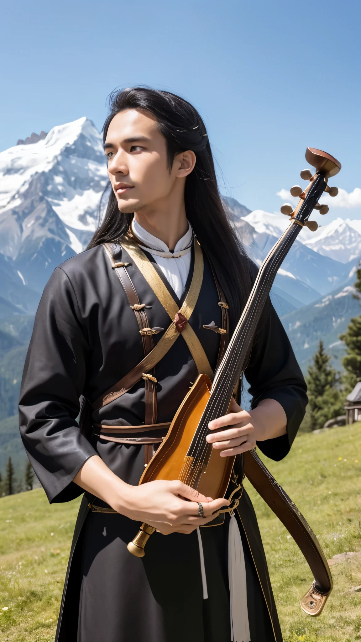 , , He is a young male Taoist with long hair and a European face.。., , He was playing the erhu. He was playing the erhu., , He is very handsome., , He wore leather armor., , He is a bard.., , He is a bard.., , He is a bard.., , Behind him you can see the mountains, The background is pure gold, Not white.,