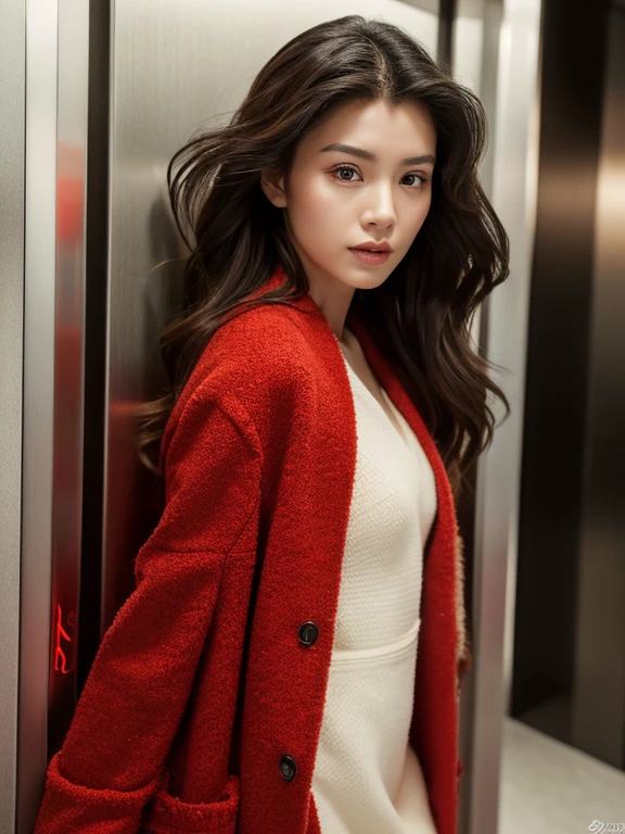 (masterpiece:1.3), (8K, Photorealsitic, Raw photography, top-quality: 1.4), (1girl in), (A pretty woman with slim figure:1.4), enigmatic beauty, stunning face, beautiful countenance, (Lifelike face), Beautiful hairstyle, Black hair, Long hair, Wavy hairstyle, realisticeyes, beautiful detail, (real looking skin), Beautiful skins, enticing, The ultra -The high-definition, A hyper-realistic, ighly detailed. Leaving elevator, Is walking. (Red long woolen coat #(G: 30, R: 255, B: 30): 1.4), (White dress #(G: 255, R: 255, B: 255): 1.2), (Red high heel #(G: 30 R: 255, B: 30): 1.2), (Red long woolen coat #(G: 30, R: 255, B: 30): 1.4). Background: (the elevator hall has skin-tone marble wall #(G: 218, R: 255, B: 182): 1.3), inside the elevator is warm light