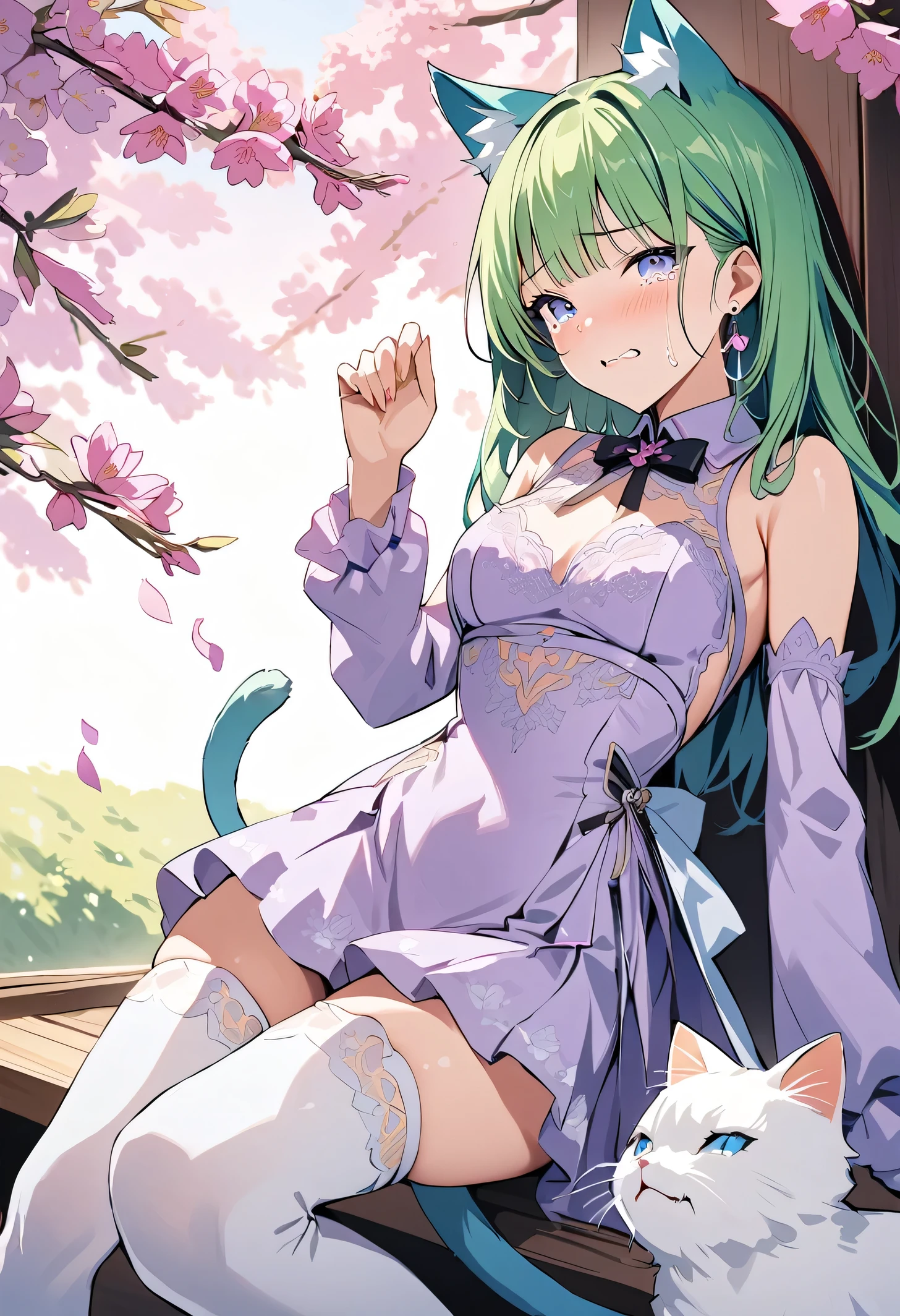 masterpiece, best quality, novel illustration, highres, 18+ mature content, sensual, intimate, emotional, passionate, romantic, sweet, endearing, innocent, pure, captivating, alluring, enticing, mysterious, enchanting, captivating, immersive, mesmerizing, dreamlike, surreal, imaginative, whimsical, artistic, avant-garde, timeless, elegant, sophisticated, chic, refined, unique, original, mesmerizing,1girl,deltamon_beta, solo, blue eyes, thighhighs, animal ears, bare shoulders, blue tail, earrings,detached sleeves, green hair, sleeveless, cat ears, bag, white thighhighs, cat tail,pink backpack,pink randseru,Lavender Lace: A lavender lace dress with a Peter Pan collar, paired with ivory tights and Mary Jane shoes.,Cherry blossom viewing, Azalea, Satsuki, Azalea blizzard,
Rest ((Avoided by ((kitten)), crying face))