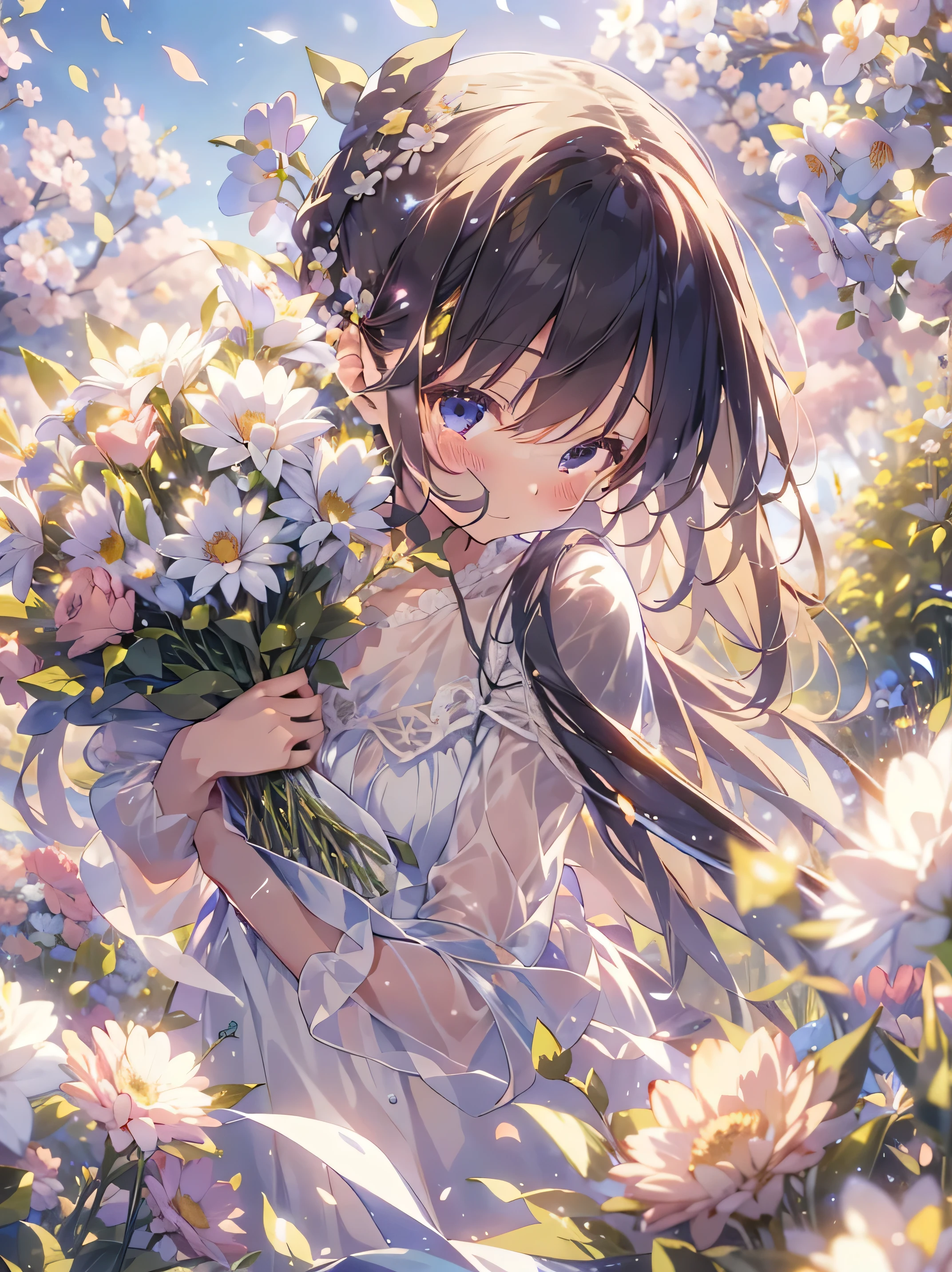anime,depth of field, cinematic lighting, lens flare, f/1.2,(masterpiece:1.2),(high definition),Flower Field、Girl with a bouquet of flowers、Tears of joy、Petals fluttering、Light effects、An emotional photo、Filled with kindness、(A bouquet of flowers for you)