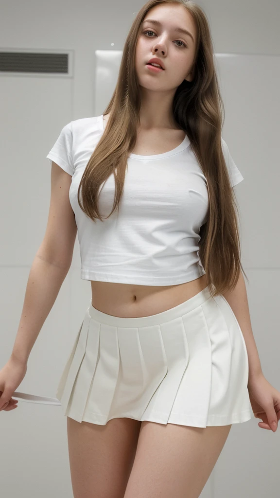 Beautiful girl wearing a short skirt, white t-shirt, long hair, nice, white, plump, high profile, realistic image, 19 years old.