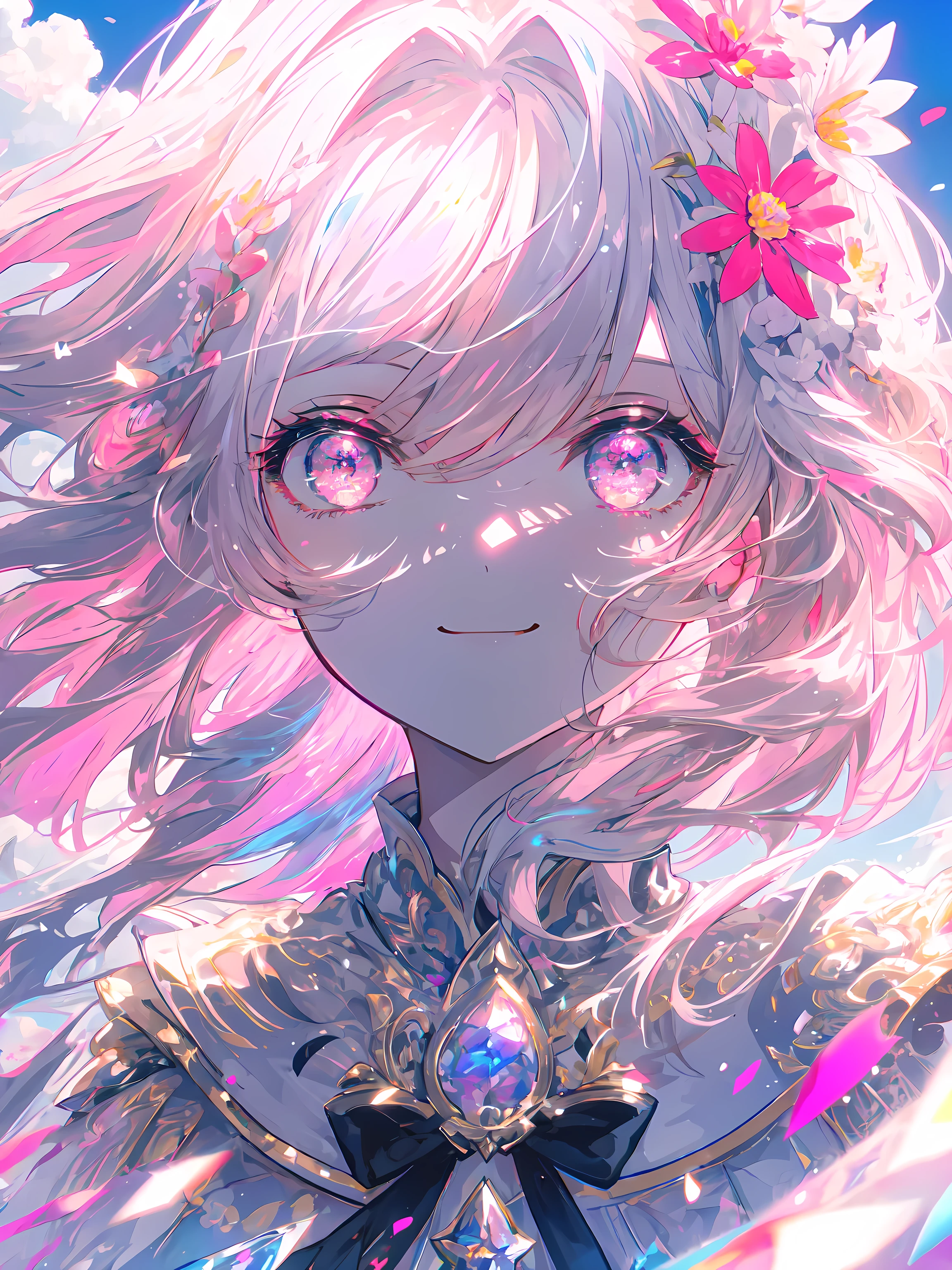 mksks, masterpiece, best quality, ultra-detailed, illustration, close-up, straight on, face focus, smile, colorfull, a background composed of flowers , pink sky, cloud-sky,girl with beatuifull eyes, cold face, looking at viewer