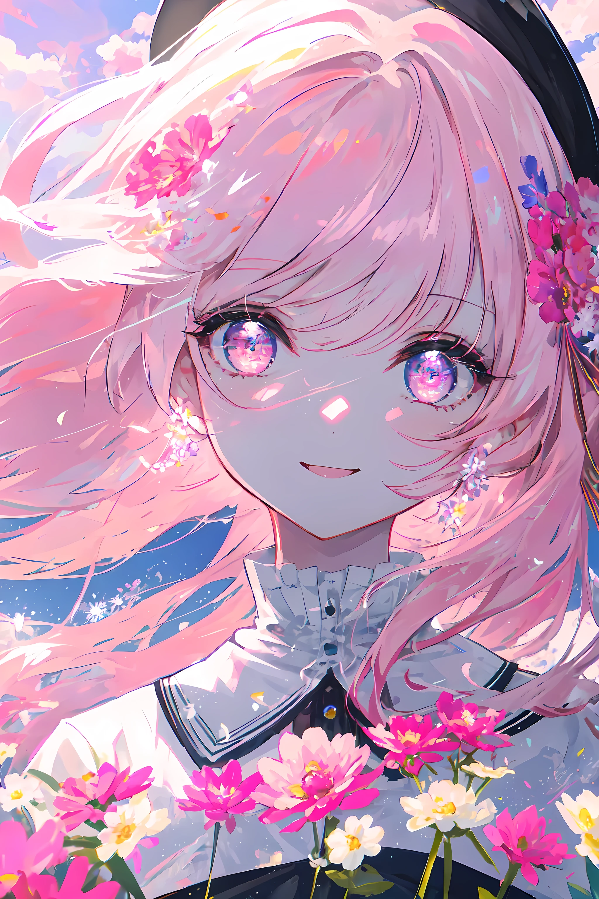 mksks, masterpiece, best quality, ultra-detailed, illustration, close-up, straight on, face focus, smile, colorfull, a background composed of flowers , pink sky, cloud-sky,girl with beatuifull eyes, cold face, looking at viewer