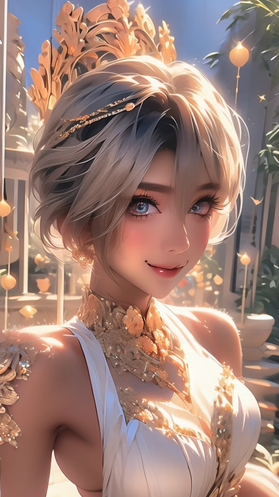 Very detailed, beautiful, highest quality, Professionally taken photos, Like a poster, detailed beautiful round eyes, beautiful detailed face, Whole Body Ezbian, Medium Long Hair, Casual Hairstyles, (Random color hair, Golden mesh), Big eyes, Random color eyes, Long eyelashes, Thick mascara, Dark eyeliner, (Huge breasts), (Bust about to burst:1.45), Wide selection, Thick waist), (Wide Hips:1.4, Toned thighs, Body Curves), 40 years old, woman, (White tight dress, white), Perfect Face, Perfect body, Sexy pose, (A shy smile), Random Location, nature, (alone), The light on my face,