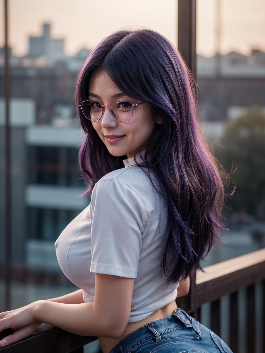 (1 lady), (Best quality at best:1.4), (ultra - detailed), (extremely detailed CG unified 16k), A Beautiful Woman with Perfect Figure: 1.4, Sharp Focus: 1.2, purple hair, very detailed, High-definition RAW color photo, professional photoshooting, amazing face and eyes, cosmetics, (amazingly beautiful girl), ((kotomi)), ((exact clothes: short blue jeans, navy blue shirt, glasses)), (looking cute, beautiful smile, joy), (City park, extremely detailed background, realistic background, first date vibes), (look from above, looking at viewer), realistic cinematic face, head to feet long wide zoomed out view, full body long view, photorealistic, ((realistic natural purple hair style, purple eyes)), gorgeous, extremely beautiful face, pretty face, delicate girl, skinny but in good shape, perfect model beauty, pout mouth, Highly Detailed Face and Skin Texture, Detailed Eyes, Double Eyelids, Medium size breasts, shy but motivated expression, (masterpiece), best quality, high resolution, extremely detailed, cinematic lighting, amazing legs, clear and well-cared skin, (milky pale skin, white skin like milk)