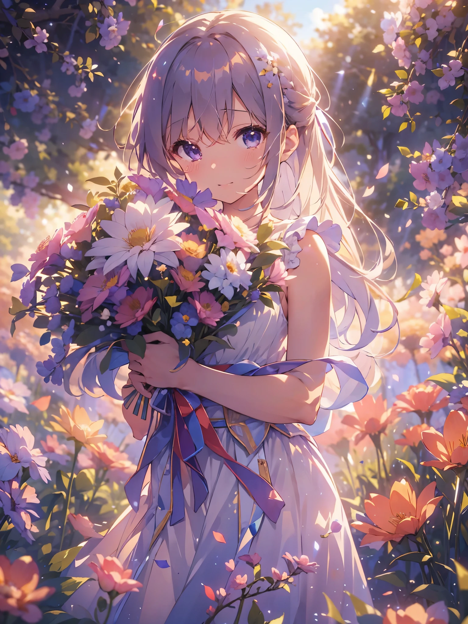 anime,depth of field, cinematic lighting, lens flare, f/1.2,(masterpiece:1.2),(high definition),Flower Field、Girl with a bouquet of flowers、Tears of joy、Petals fluttering、Light effects、An emotional photo、Filled with kindness、(A bouquet of flowers for you)、Wind
