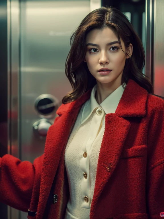 (​masterpiece:1.3), (8K, Photorealsitic, Raw photography, top-quality: 1.4), (1girl in), (A pretty woman with slim figure:1.4), enigmatic beauty, stunning face, beautiful countenance, (Lifelike face), Beautiful hairstyle, Black hair, Long hair, Wavy hairstyle, realisticeyes, beautiful detail, (real looking skin), Beautiful skins, enticing, The ultra -The high-definition, A hyper-realistic, ighly detailed. Leaving elevator, Is walking. (Red long woolen coat #(G: 30, R: 255, B: 30): 1.4), (White dress #FFFFF: 1.2), (Red high heel #(G: 30 R: 255, B: 30): 1.2), (Red long woolen coat #(G: 30, R: 255, B: 30): 1.4), (White dress #FFFFF: 1.2). Background: (the elevator hall has skin-tone marble wall #(G: 218, R: 255, B: 182): 1.3), inside the elevator is warm light