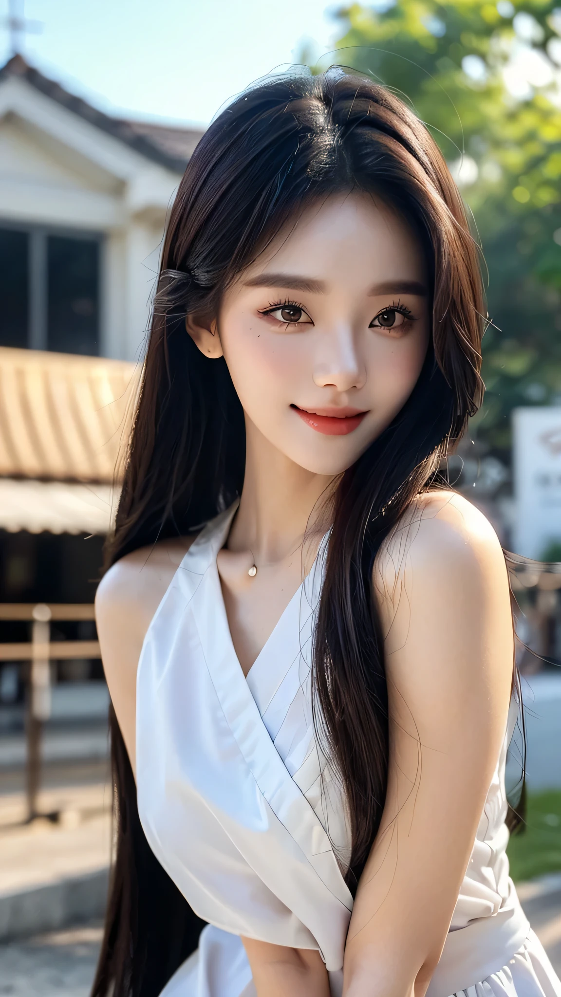 masterpiece、top-quality)、1 beautiful girl、((Wearing black sunglasses )), (Detailed beautiful eyes), ((Detailed skin)) , ((Detailed medium hair)), in the white villa、((Boyish Brown Medium Hair))、((Smaller face))、((Neutral face))、((Face seen from the side))、((Light brown eyes))、((Korean Girl))、((18year old))、((cool lady))、((A shy smile on his face))、((Korean Makeup))、((elongated and sharp eyes))、((Happy dating))、((boyish))、((Shot from the same height as your face)、full body , RAW photos, on the white villa ), ((CG rendering)), ((Blurred background)), ((16K)), ((Very detailed)), ((wallpaper)), ((depth of field)), ((movie light)), (( Ray tracing)).